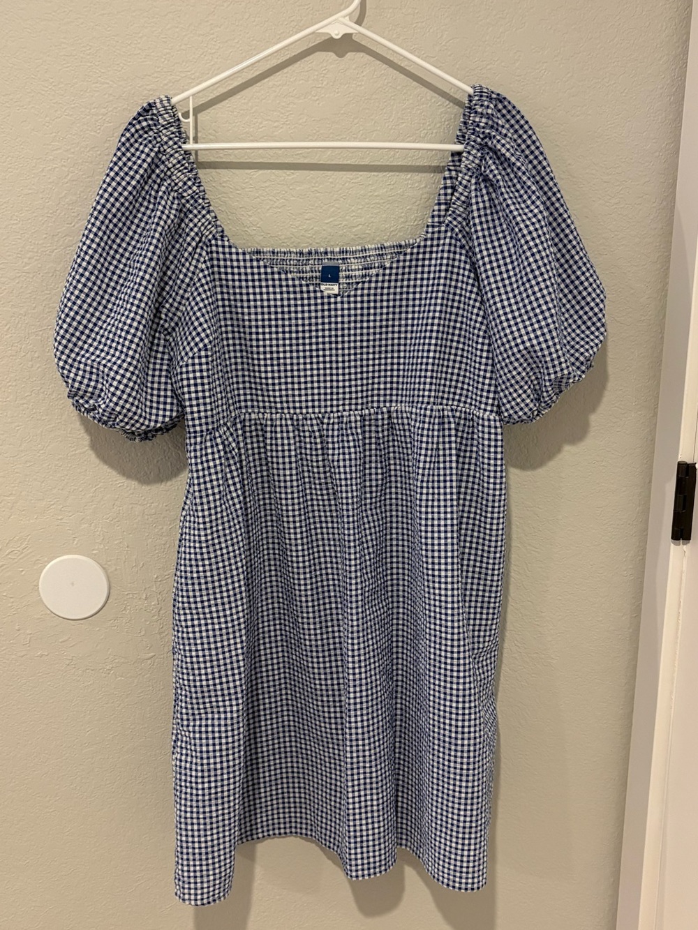 Old Navy Blue & White Gingham Puff Sleeve Dress, EUC, Size L